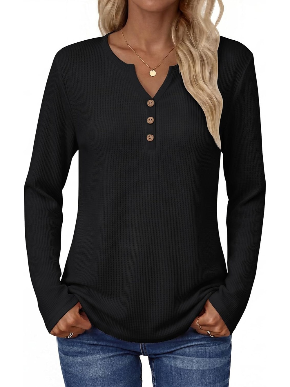 Women's Black Tees Button Long Sleeve V Neck Shirts Soft Waffle Knit Top